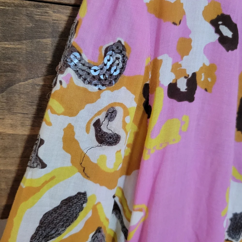 Tory Burch Floral Pink Sequence Long Sleeve Tunic Top Cover Up Lightweight Large
